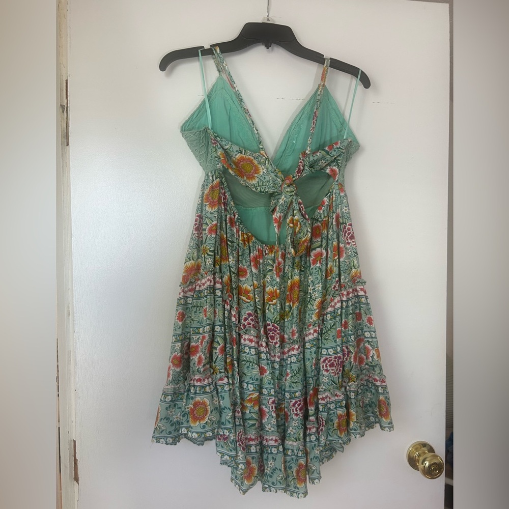 Floral Lace Trim Mini Dress in Aqua - Picture 4 of 5